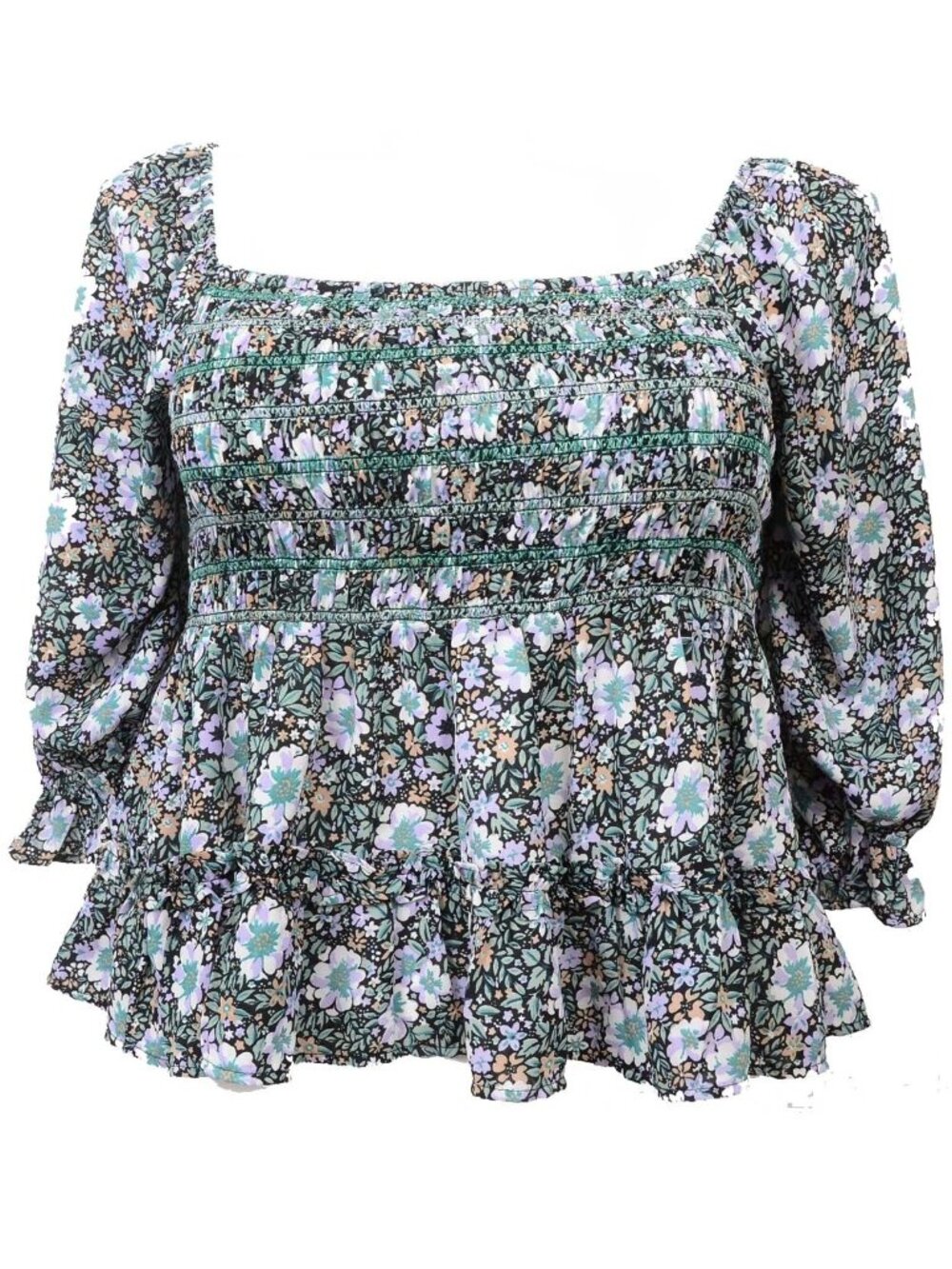 American Eagle Babydoll Floral Smocked Square Neck Feminine Top Blouse - Large